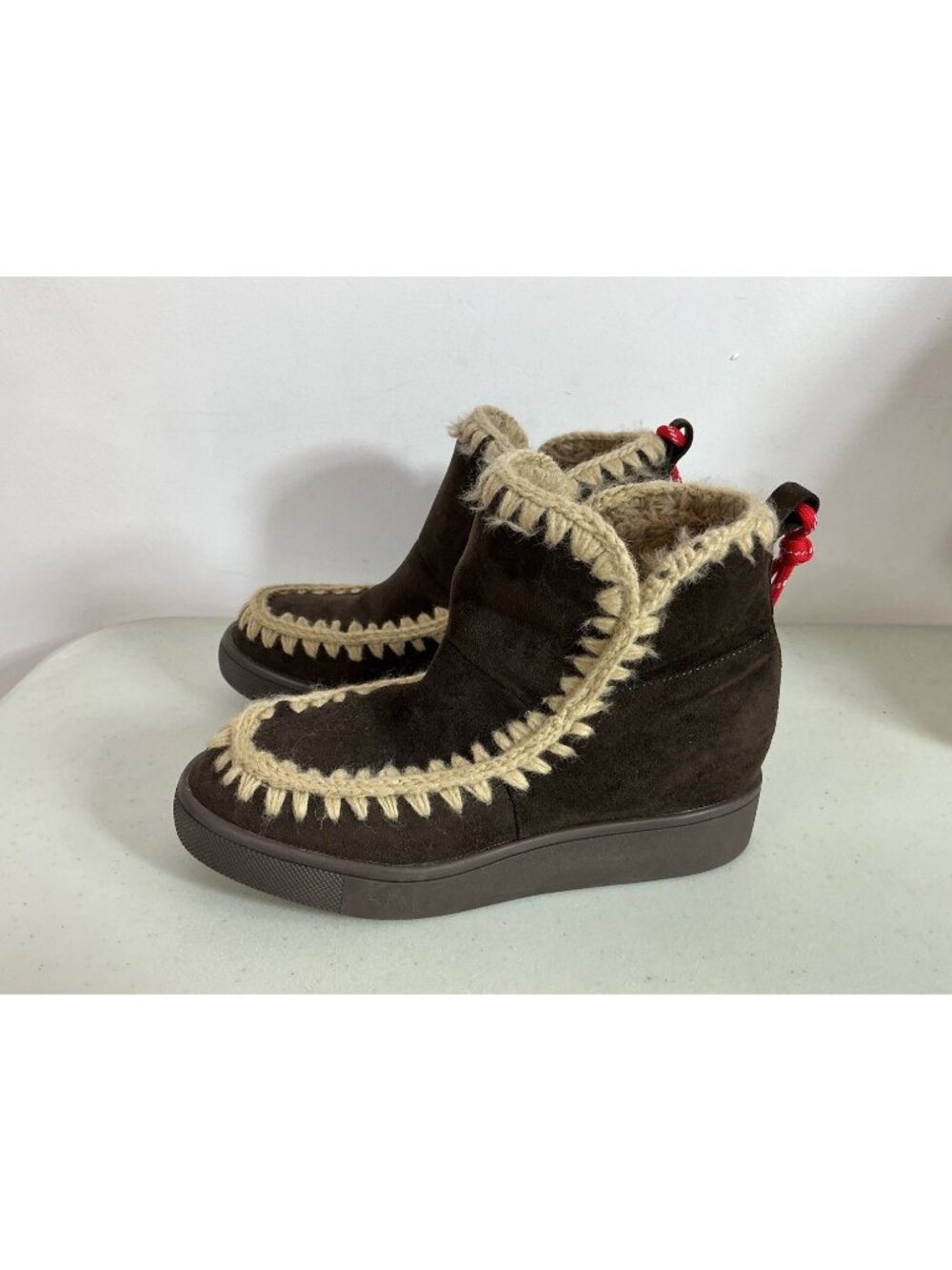 Steve Madden Brown Suede Shearling Moccasin Wedge Ankle Boots Womens 8.5